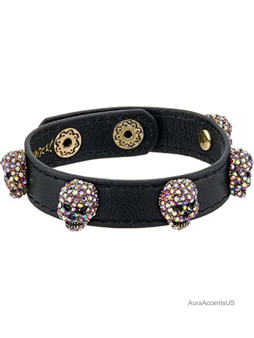 Wrap Bracelet Black Genuine Leather Skull Pave Stone Snap Closure Wristband